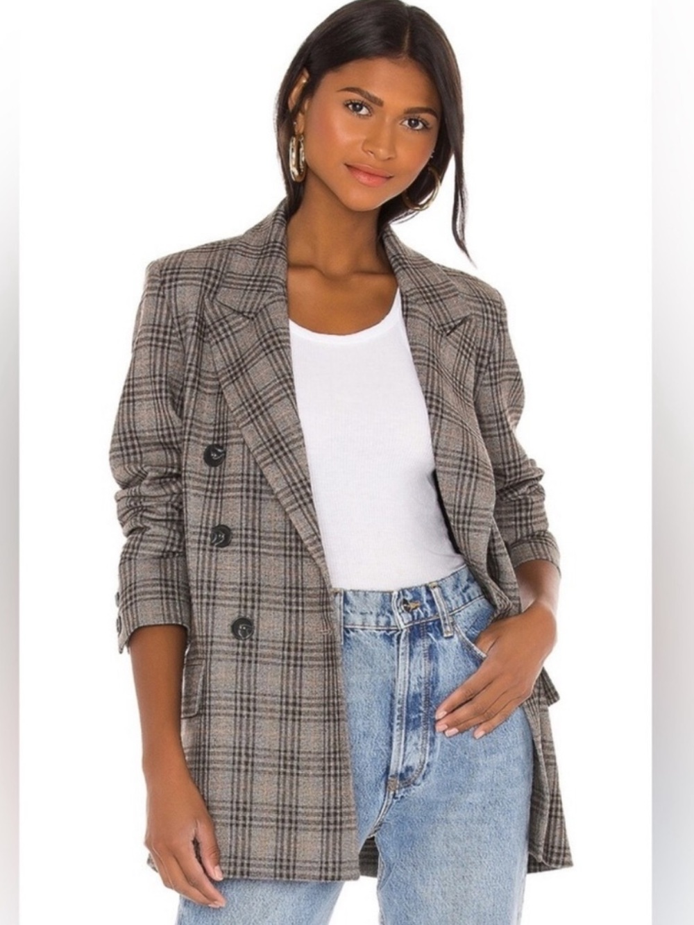 Free People Taupe Plaid Double-Breasted Blazer